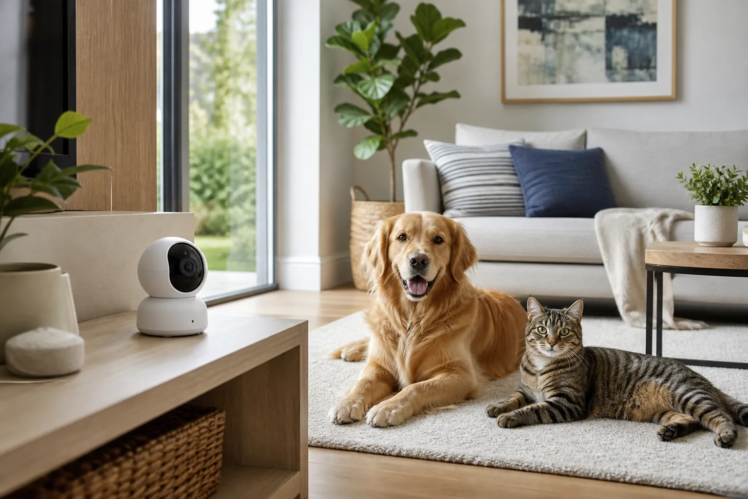 A golden retriever and tabby cat beside a generic indoor pet camera in a bright living room