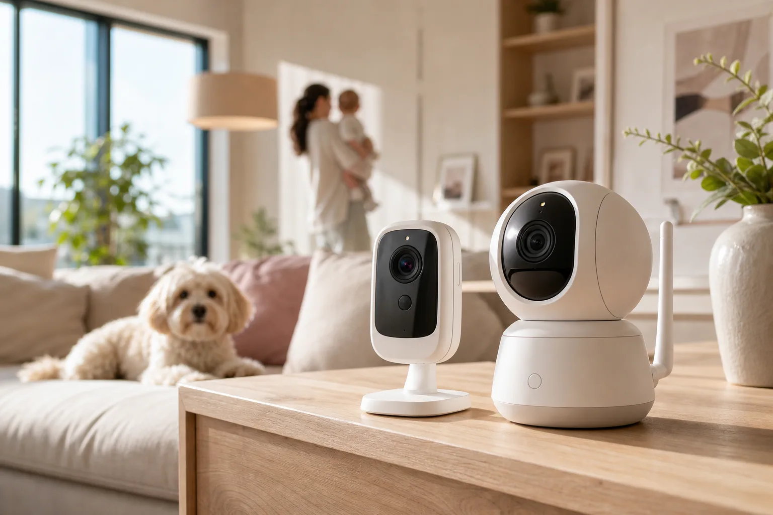 Two smart home cameras in a bright family living room with a dog